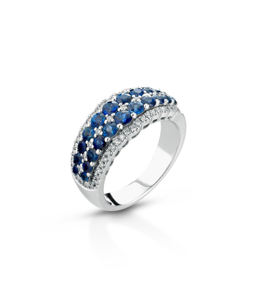 Anello Veretta Donna in Oro 18 Carati con Diamanti e Zaffiri.