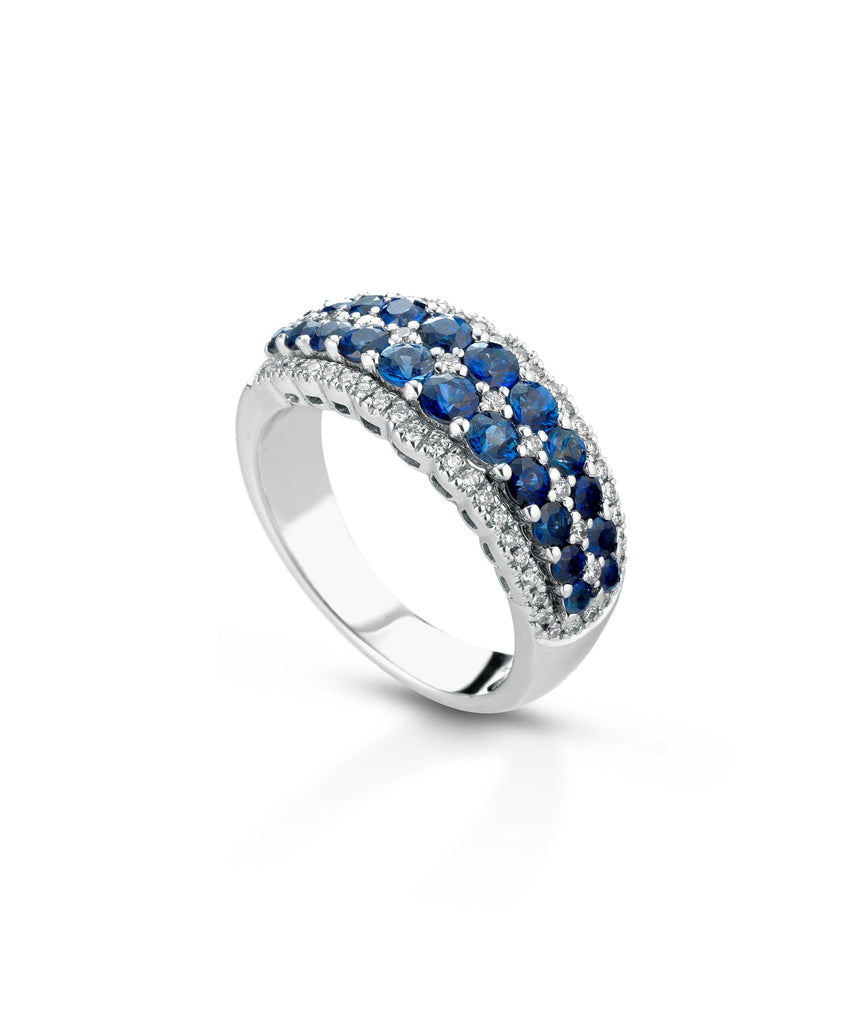 Anello Veretta Donna in Oro 18 Carati con Diamanti e Zaffiri.