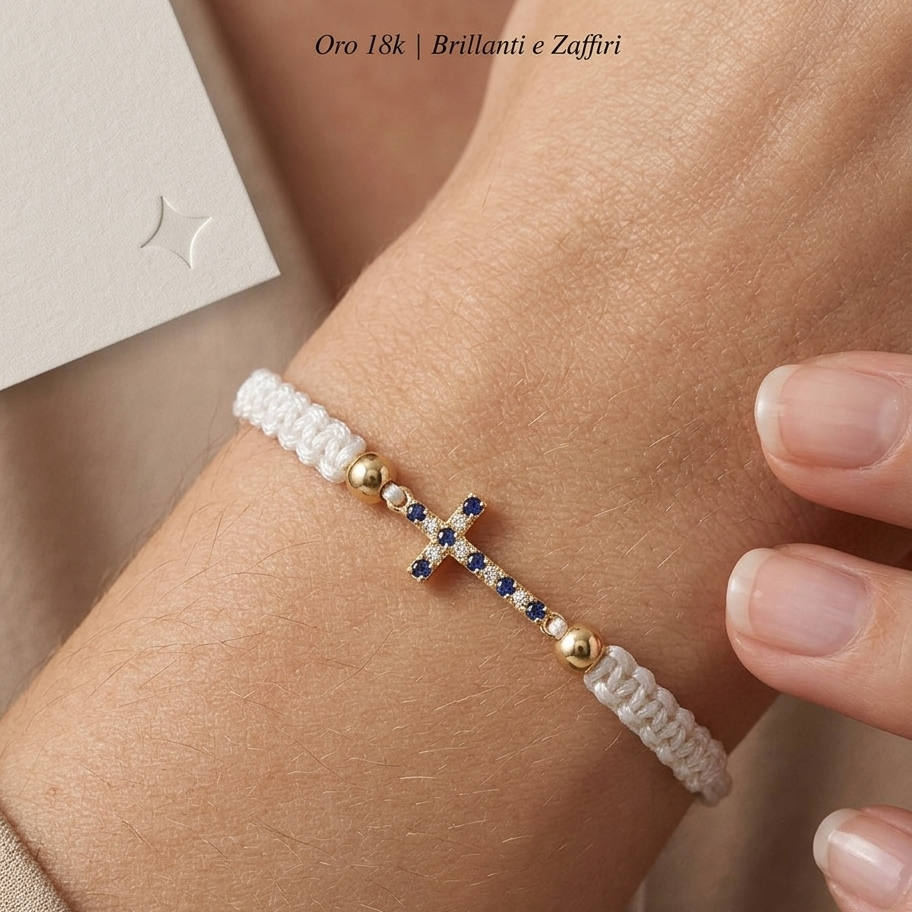 Bracciale Croce Unisex con Brillanti Naturali e Smeraldi o Zaffiri o Rubini in Oro Giallo 18 Carati.