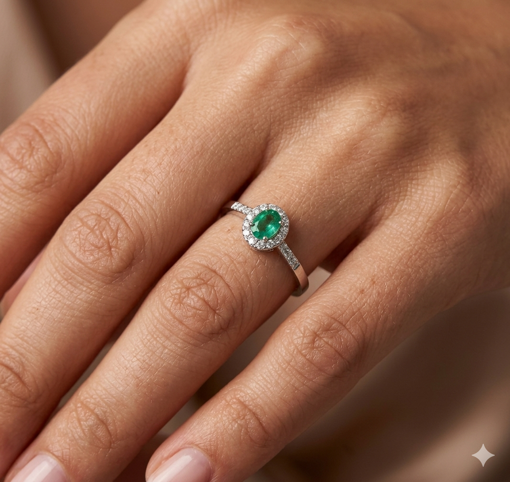 Anello Modello Classico in Oro 18 Carati con Diamanti e Smeraldo.