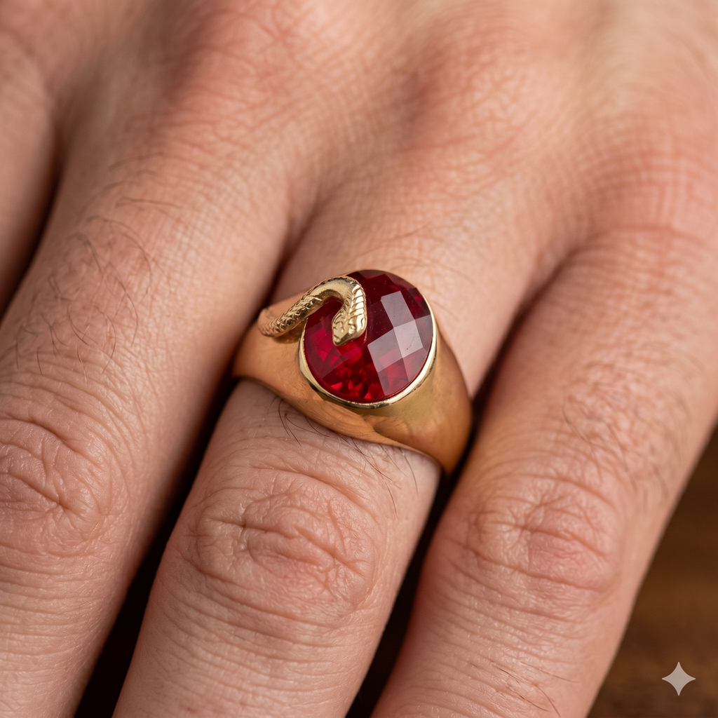 Anello Uomo in Oro Giallo 18 Carati di 5.50 Grammi con Zircone Rosso e Serpente.