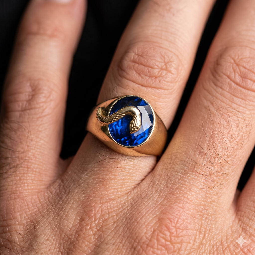 Anello Uomo in Oro Giallo 18 Carati di 5.50 Grammi con Zircone Blu e Serpente.