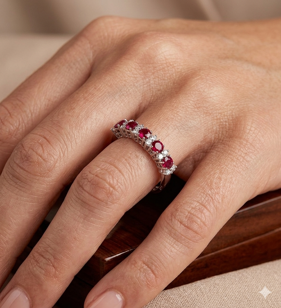 Anello Donna modello Veretta in Oro 18 Carati con Diamanti e Rubini.