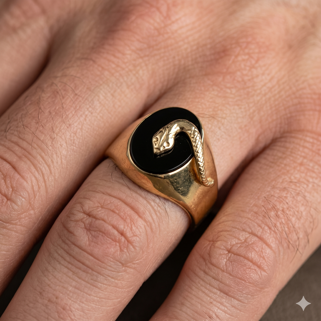 Anello Uomo in Oro Giallo 18 Carati di 5.20 Grammi con Onice e Serpente.