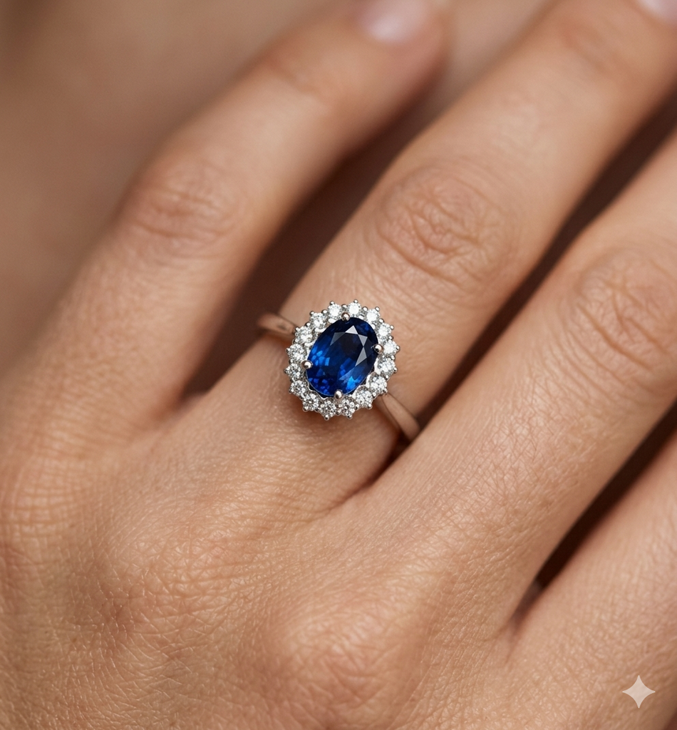 Anello Modello Classico in Oro 18 Carati con Diamanti e Zaffiro.