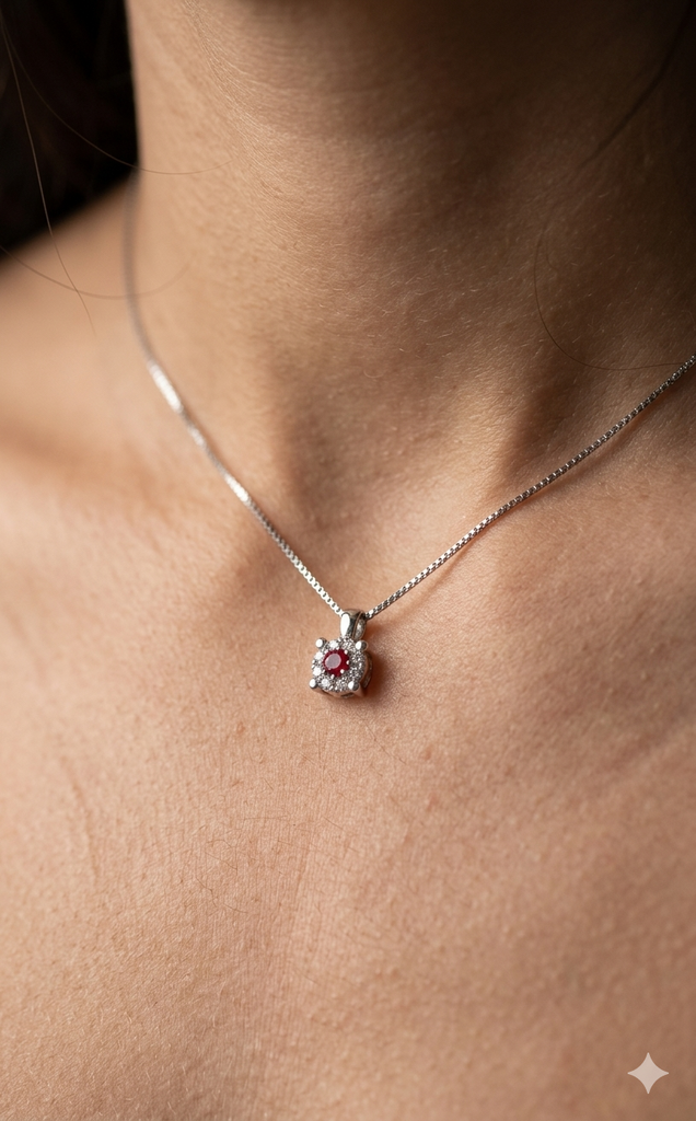 Collana Modello Classico in Oro 18 Carati con Diamanti e Rubino.