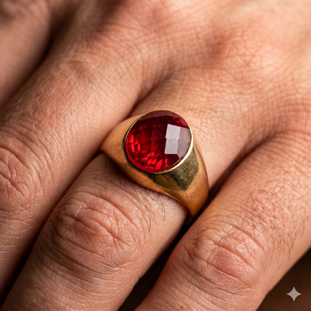 Anello Uomo in Oro Giallo 18 Carati di 4.40 Grammi con Zircone Rosso.