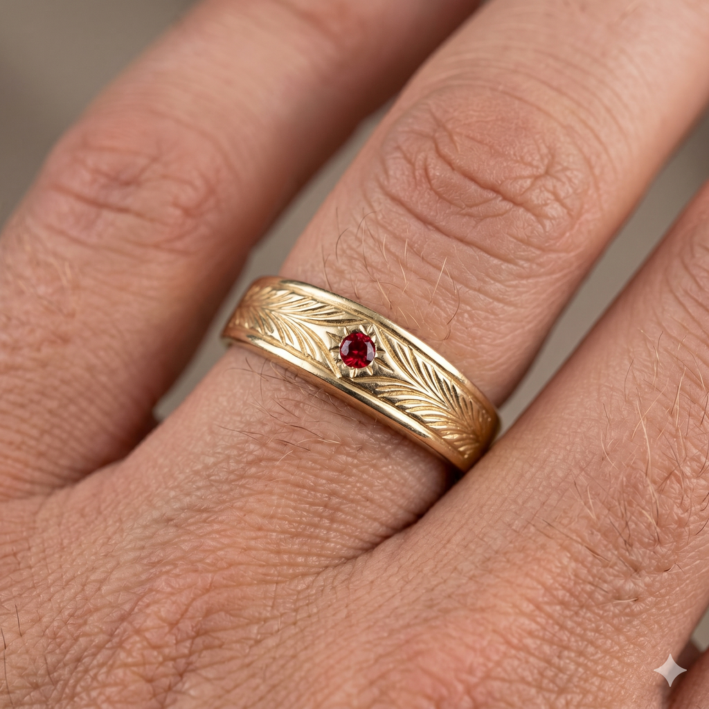 Anello Uomo in Oro Giallo 18 Carati di 1.70 Grammi con Zircone Rosso.