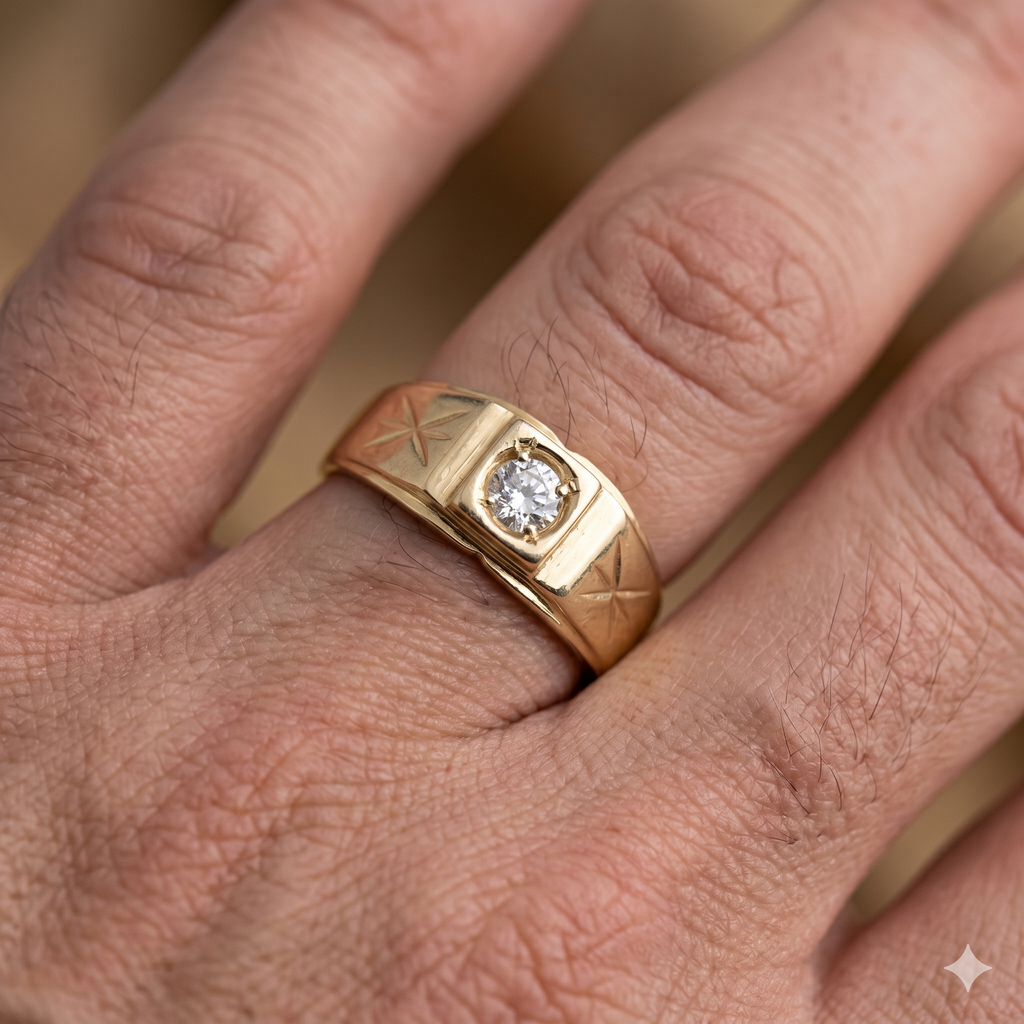 Anello Uomo in Oro Giallo 18 Carati con Zircone Bianco di 4 Grammi.