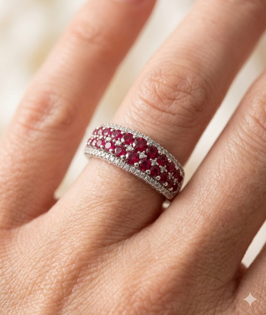 Anello Veretta Donna in Oro 18 Carati con Diamanti e Rubini.