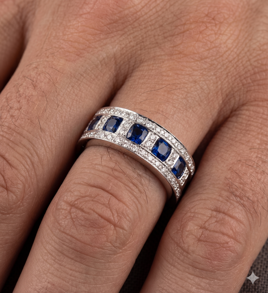 Anello Fascia Unisex in Oro Bianco 18 Carati con Diamanti e Zaffiri Taglio Princess.