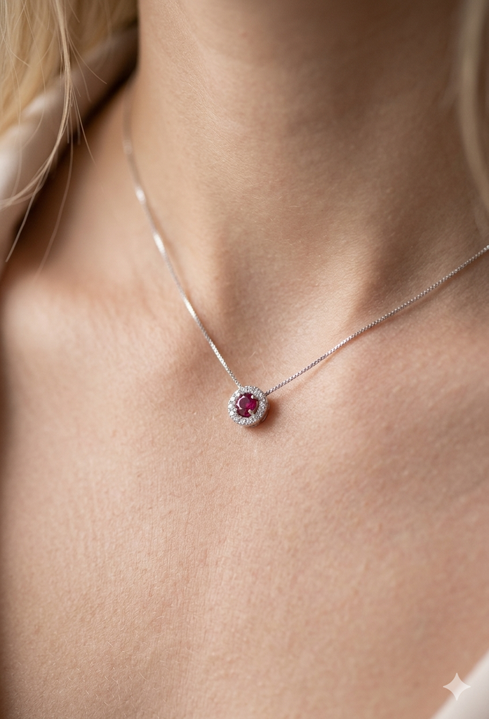 Collana Modello Classico in Oro 18 Carati con Diamanti e Rubino.
