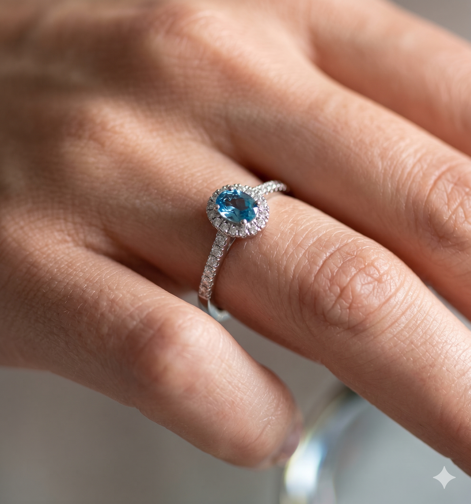 Anello Donna in Oro 18 Carati con Diamanti e Acquamarina.