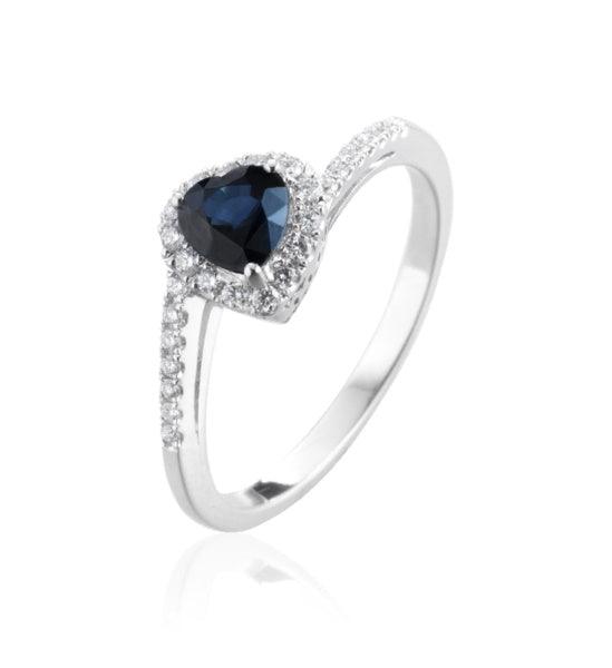 Anello Donna modello Cuore in Oro 18 Carati con Diamanti e Zaffiro.