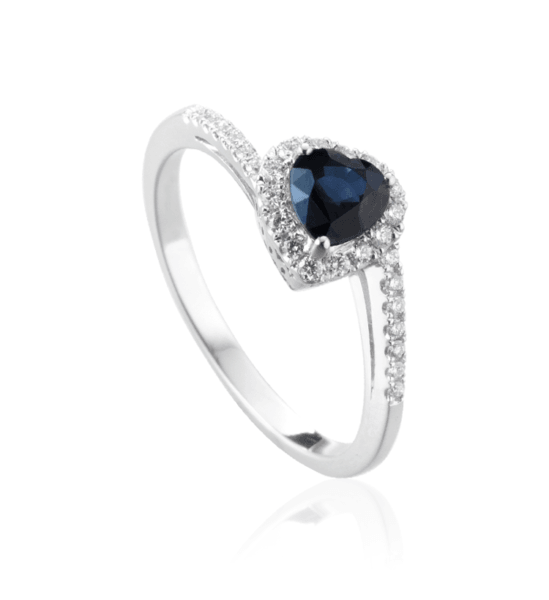 Anello Donna modello Cuore in Oro 18 Carati con Diamanti e Zaffiro.