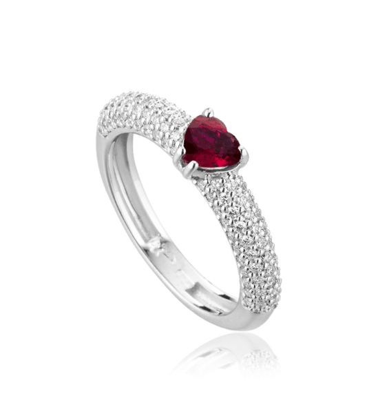 Anello Donna modello Cuore in Oro 18 Carati con Diamanti e Rubino.