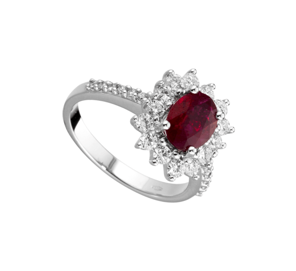 Anello Modello Classico in Oro 18 Carati con Diamanti e Rubino.
