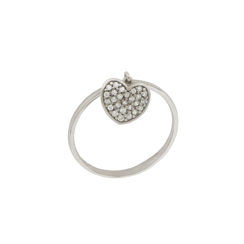 Anello Donna in oro Bianco 18 Carati modello Cuore Pendente con Zirconi.