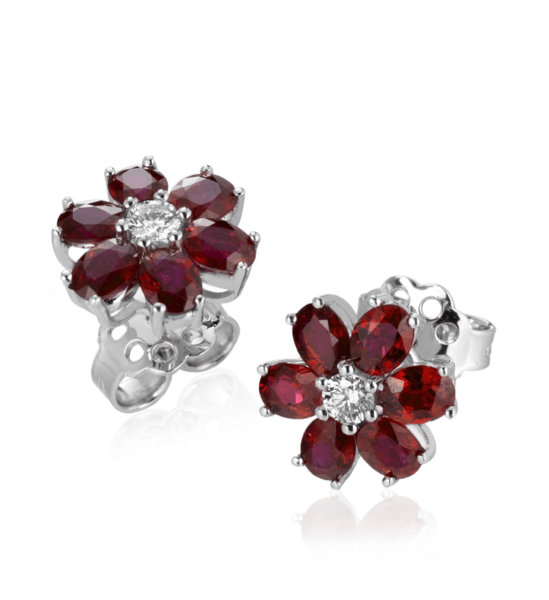 Orecchini modello Fiore in Oro 18 Carati con Diamanti e Rubini.