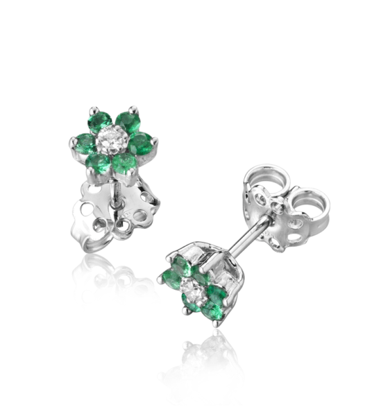 Orecchini modello Fiore a Toppetta in Oro 18 Carati con Diamanti e Smeraldi.