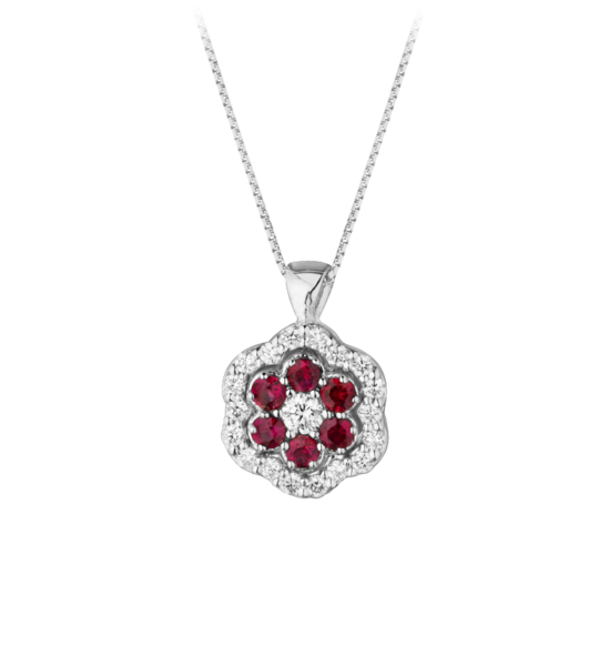 Collana Modello Toppa a Fiore in Oro 18 Carati con Diamanti e Rubini.